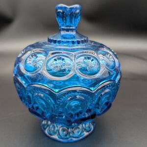Moon & Star Colonial Blue Pedestal Covered Sugar Bowl EAPG L.E. Smith Vintage